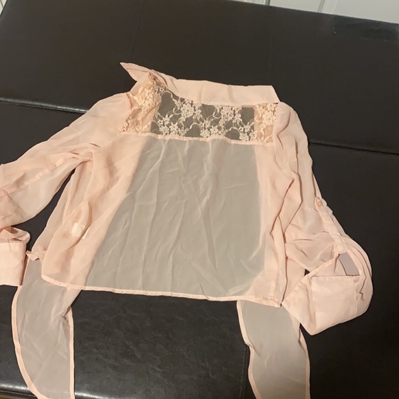 Button up, tie in front, lace pink sheer shirt - Picture 2 of 2